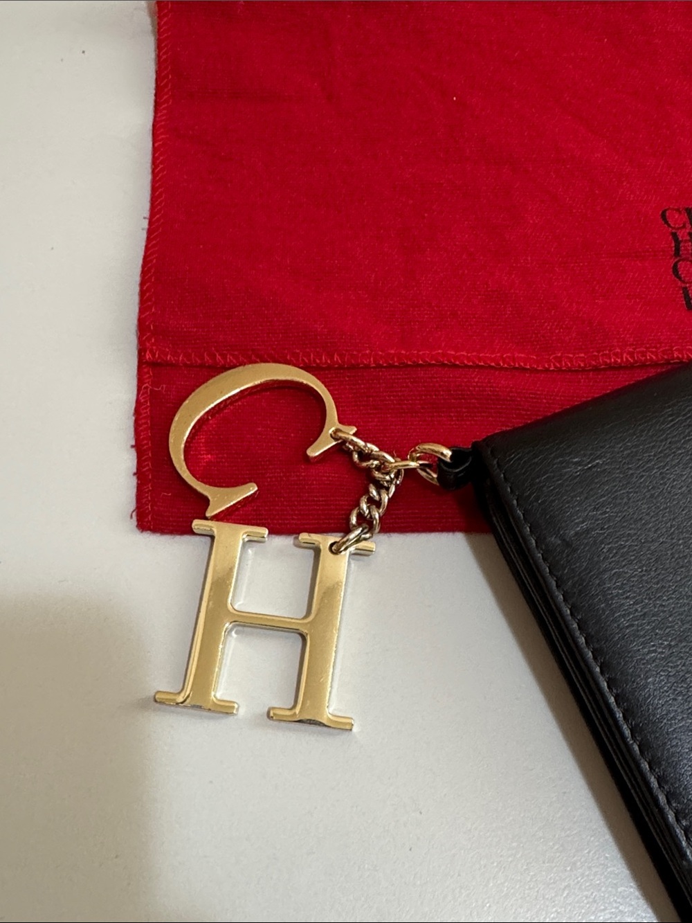 Carolina Herrera Black Leather Envelope Clutch with Gold CH Accent - Picture 2 of 16